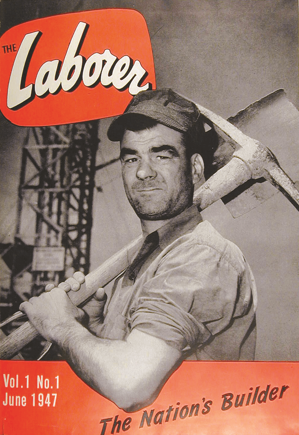 1947 magazine cover with a man with a large pick