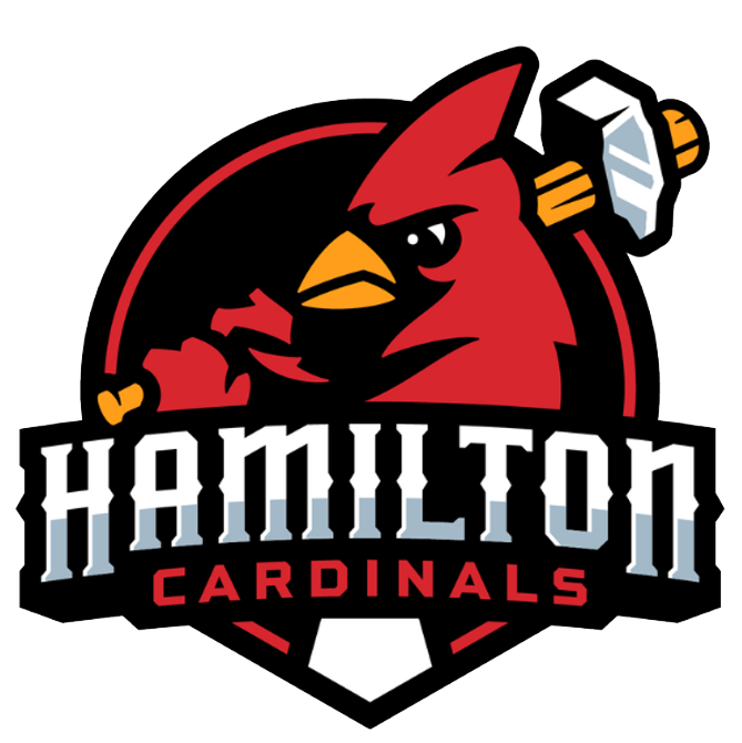 Logo of the Hamilton Cardinals featuring a red cardinal holding a hammer, with a black and white round background. The words Hamilton Cardinals are prominently displayed in bold letters underneath.