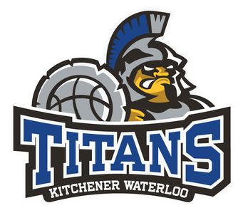 Logo of the Kitchener-Waterloo Titans, featuring a stylized Spartan warrior with a basketball for a shield, wearing a helmet. The word Titans is prominently displayed in blue and white.