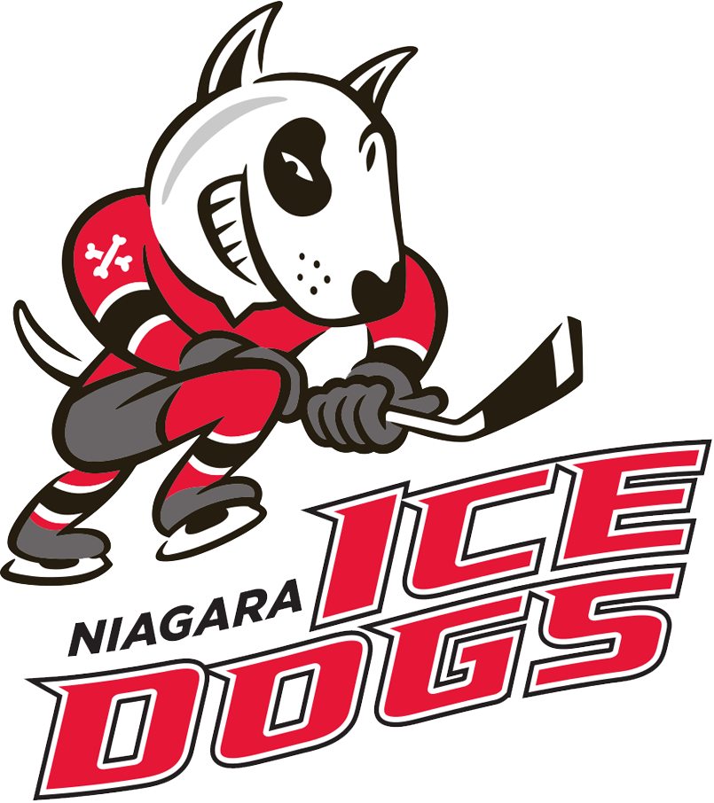 Logo of the Niagara IceDogs featuring a cartoon dog in red and black hockey gear, holding a hockey stick. The dog has a fierce expression and is positioned above the teams name in bold red and black font.