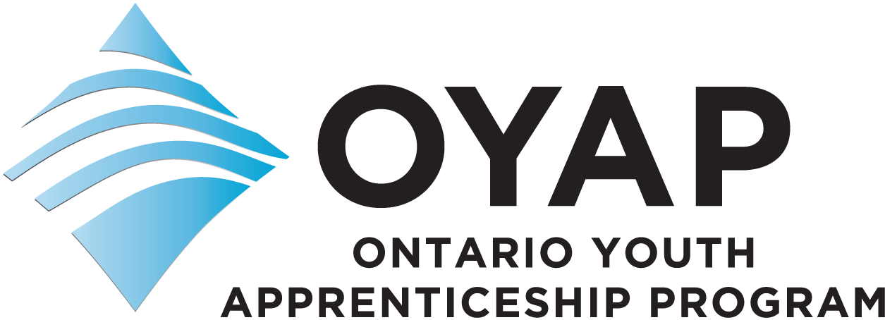 Logo of the Ontario Youth Apprenticeship Program (OYAP) featuring a stylized blue and white triangular design on the left, with the program name in bold black letters to the right.