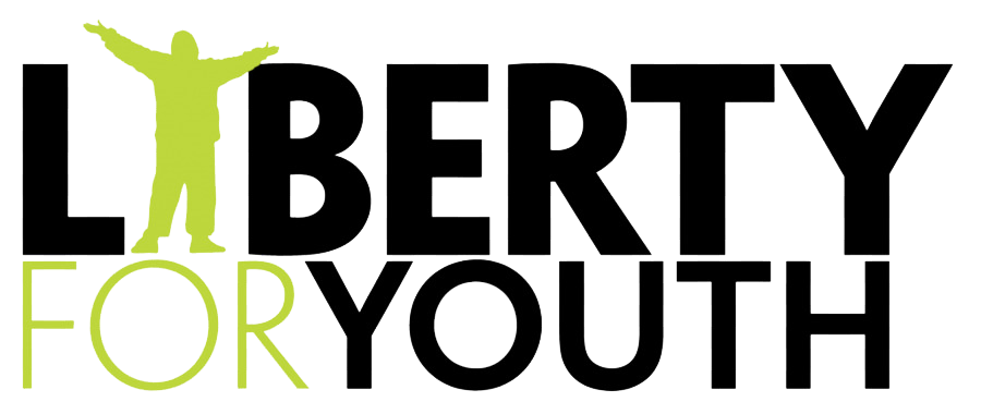 Logo of Liberty for Youth with bold black text. The word Liberty incorporates a silhouette of a person with arms outstretched, colored in green