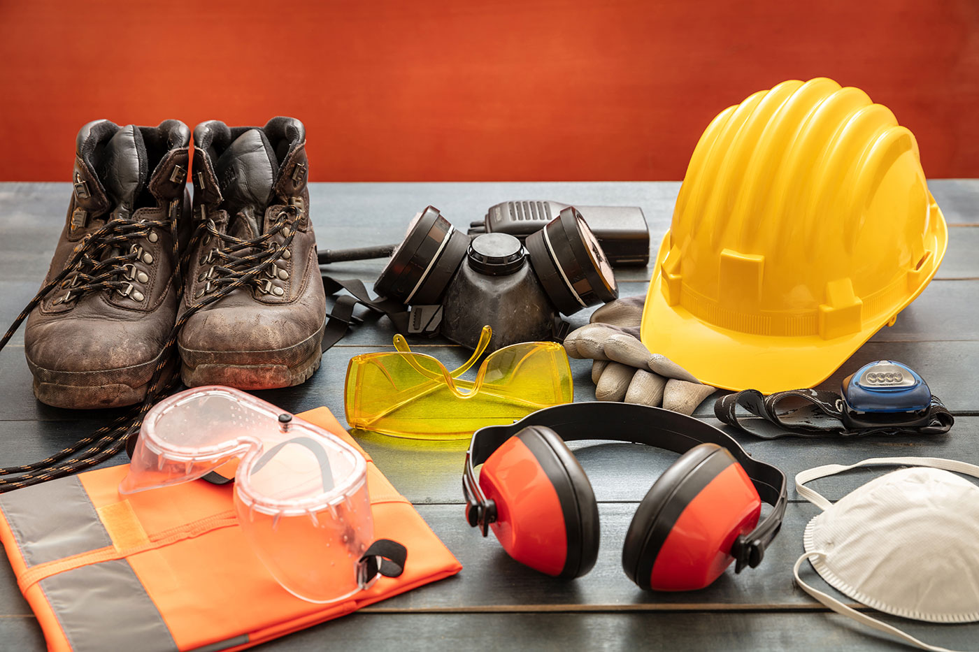 A set of construction safety gear on a table, including a yellow hard hat, safety goggles, earmuffs, a respirator mask, gloves, protective boots, and a high-visibility vest.