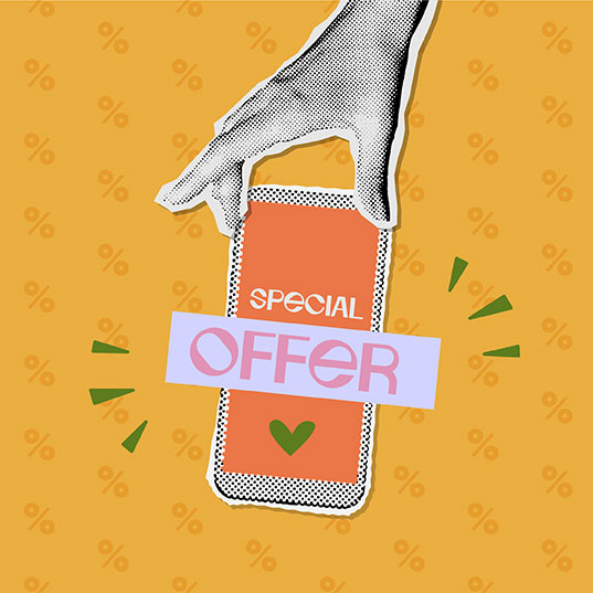 A stylized illustration features a hand holding a phone displaying the words Special Offer against an orange background. The background has faint percentage symbols, with green and purple decorative elements around the text.